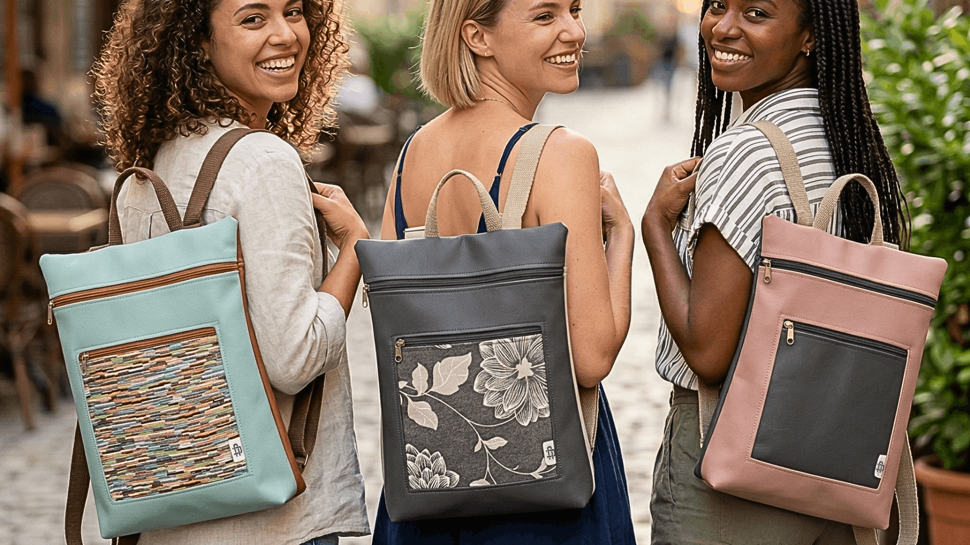 Mujer viajando de turista con mochila antirrobo reversible Cristina Alba