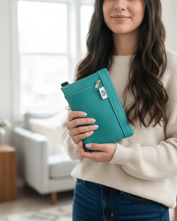 Mujer enseñando un mini bolso para smarthone de Cristina Alba