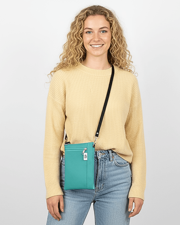 chica llevando un mini bolso para smartphone de Cristina Alba